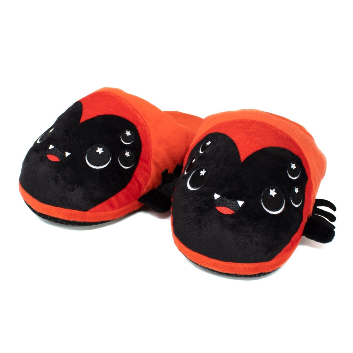 Muffet the Spider Halloween Slippers feature cute black spiders with orange accents, smiling faces, and starry eyes—perfect as cozy indoor footwear or fun Halloween slippers.