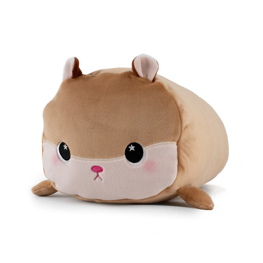 Hammy the Hamster is a plush toy with brown and beige fur, big round eyes with star-shaped highlights, small ears, and a pink nose, shaped like a chubby hamster and set against a white background.
