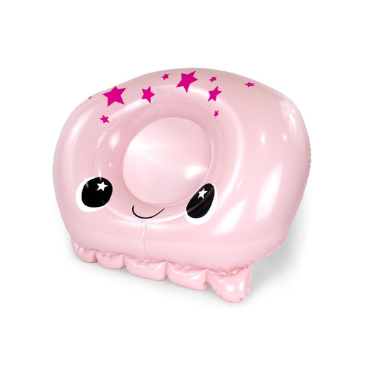 The Handi Andy 32" Inflatable Pool Float is a pink jellyfish-shaped float with a smiling face, large cartoon eyes, pink stars on top, and wavy edges—perfect as a fun pool party favorite.