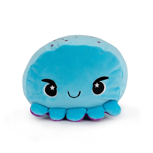 Henry the Octopus is a blue plush toy with a smiling face, big embroidered eyes featuring star-shaped pupils, and purple-tipped tentacles.