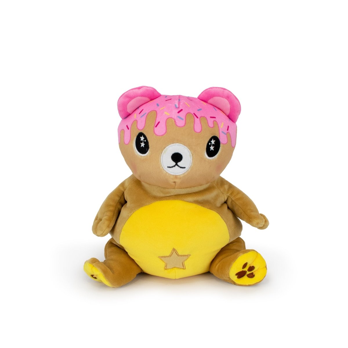 The Starlight Honey 2-in-1 Travel U-Neck Pillow features a plush bear with a pink frosted donut cap, big round eyes, yellow star belly, and yellow paw pads—your perfect upright travel companion on a white background.