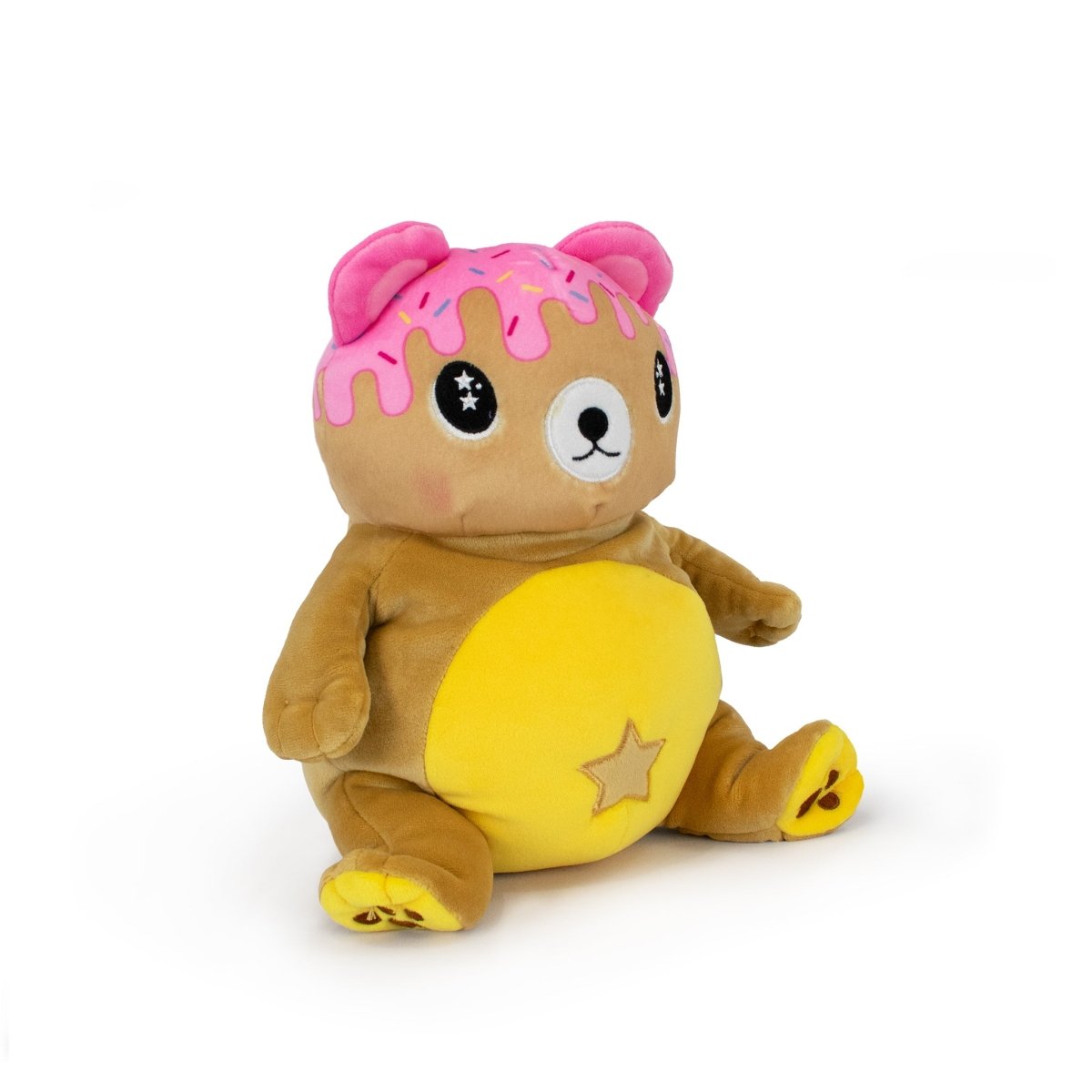 The Starlight Honey 2-in-1 Travel U-Neck Pillow features a plush bear with a yellow star-shaped belly, brown body, and pink frosting-like head. It has black eyes with white star highlights and sits upright on a white background.