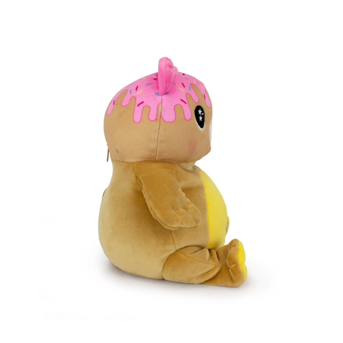The Starlight Honey 2-in-1 Travel U-Neck Pillow resembles a plush buddy with a round brown body, yellow belly, and a pink frosted donut-shaped head with sprinkles, sitting upright and facing sideways.