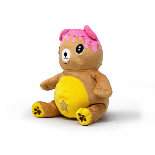 Honey the Bear Starlight Buddy Plushie is a stuffed animal with a pink frosted donut on its head, yellow star belly, yellow paws with brown prints, and black button-like eyes—perfect for cozy cuddles.