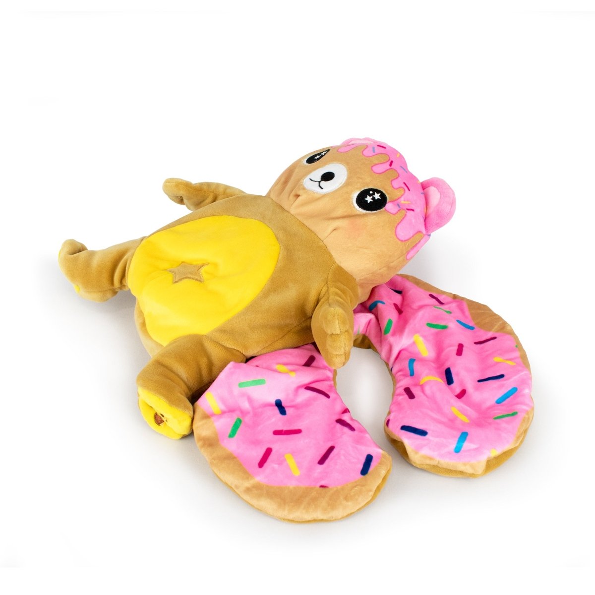 Meet your Starlight Honey 2-in-1 Travel U-Neck Pillow: a plush bear with a yellow belly, donut-shaped pink sprinkle ears and legs, plus a star on its tummy. Perfect for travel comfort, shown lying flat on a white background.