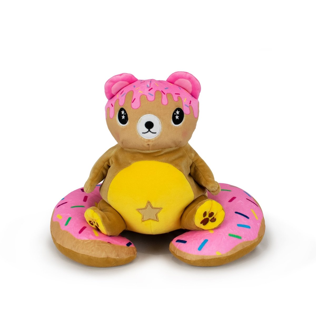 The Starlight Honey 2-in-1 Travel U-Neck Pillow features a plush bear with a gold star on its yellow belly and pink frosting, cozily nestled inside a large, pink-frosted donut with sprinkles—perfect for adorable comfort on the go.
