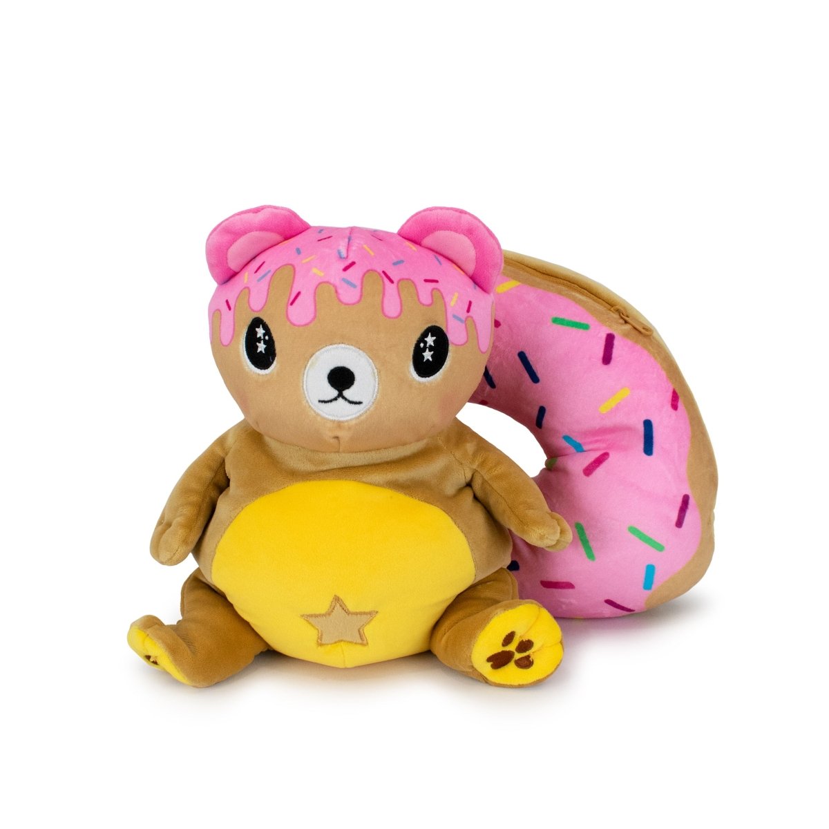 The Starlight Honey 2-in-1 Travel U-Neck Pillow is a plush bear-shaped buddy with a yellow belly, star accents, pink frosted donut ears, and a large sprinkled donut on its back—ideal for cozy comfort while traveling.