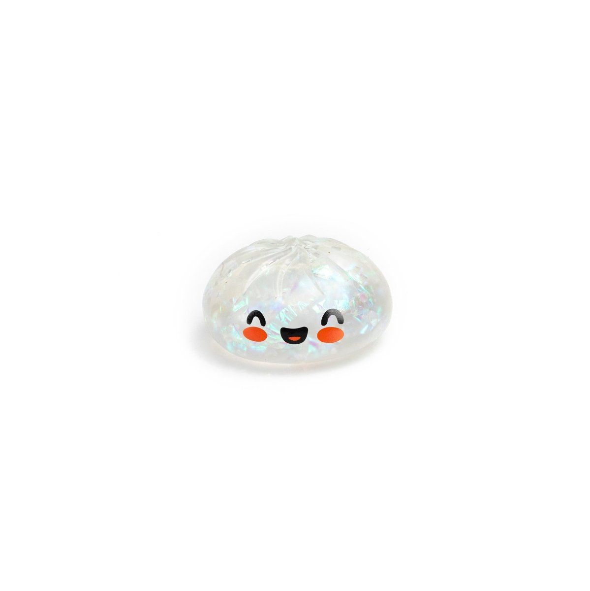 Bubblegum's Favorite Toy - Mystery Dumpling is a small, clear, iridescent blob-shaped squishy with a smiling face and blushing cheeks—ideal as a stress relief toy for Sugar-mals Dumplings fans.