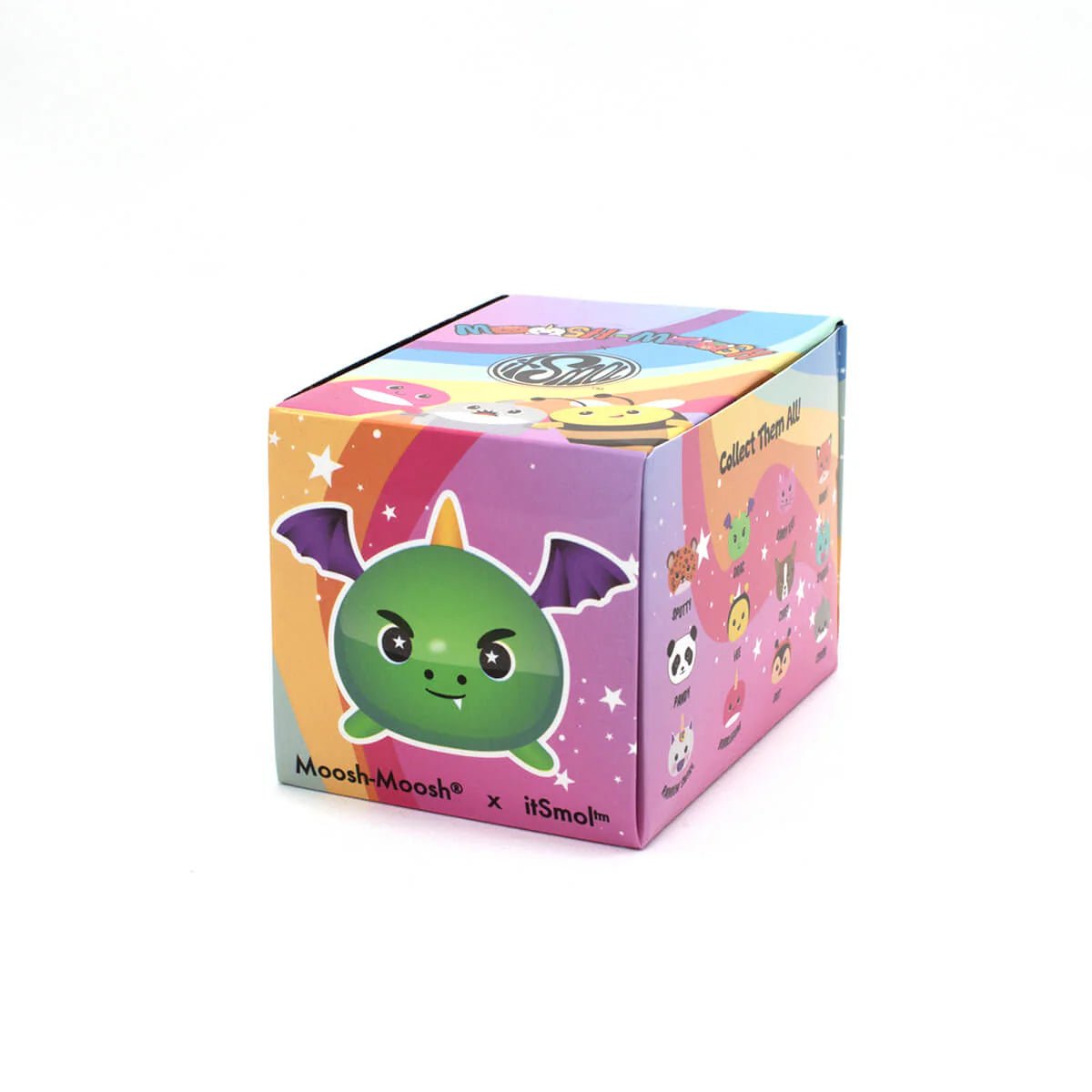A colorful box featuring Drac the Dragon Vinyl Collectible Figurine—a cute green dragon with purple wings and a yellow horn—plus other adorable cartoon animals, labeled "Moosh-Moosh x iSmols." Perfect for Moosh-Moosh collectible fans.