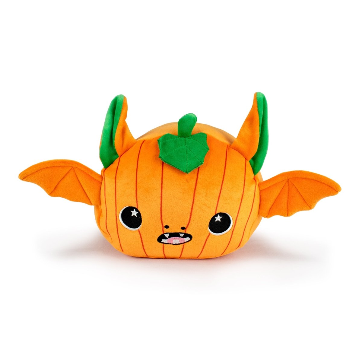 Jackie the Pumpkin Bat is a plush toy with an orange pumpkin body, green lines and leaf, bat wings, starry eyes, and cute facial features—perfect as a Halloween plush!.