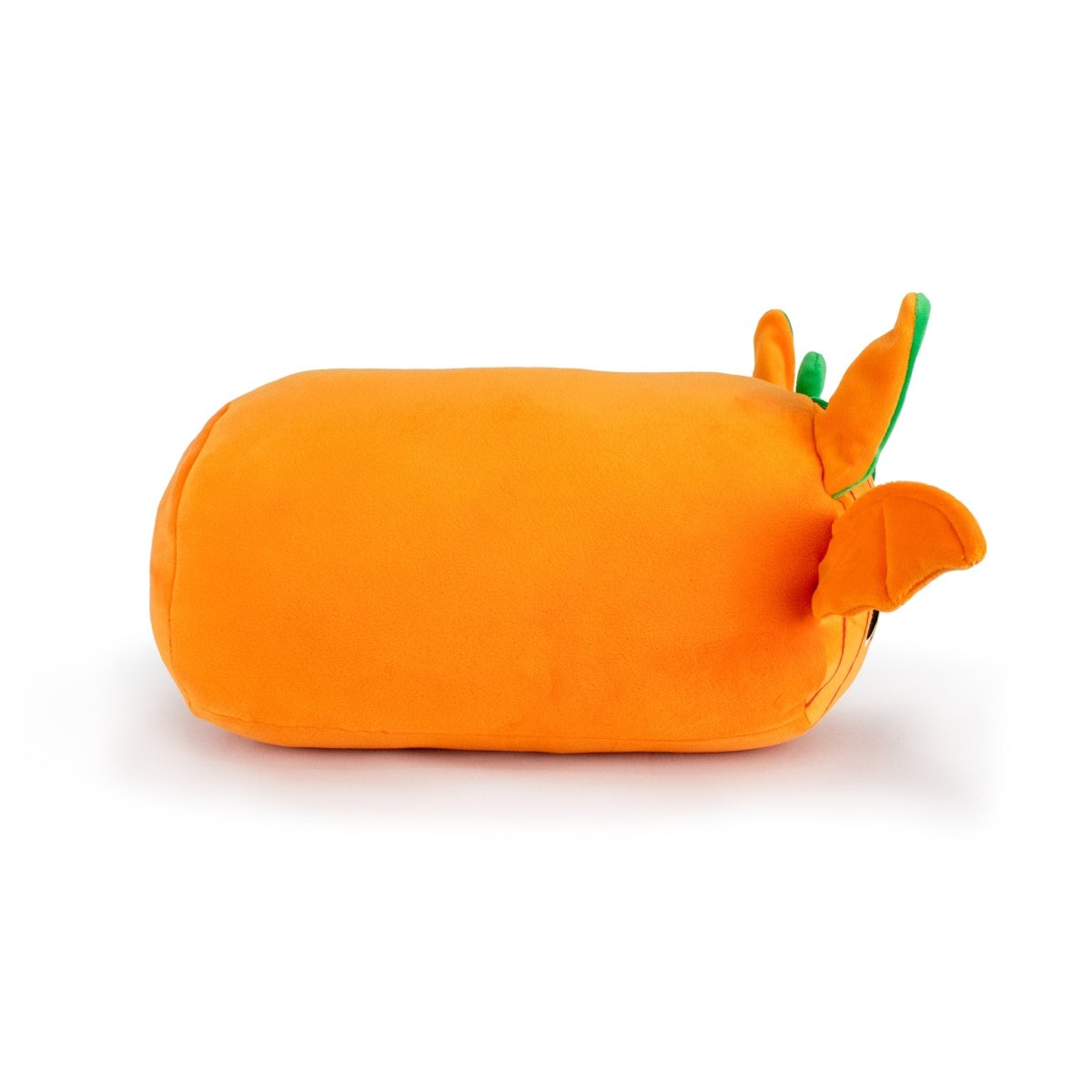 Jackie the Pumpkin Bat is a plush toy resembling an orange pumpkin with green leaves and two small orange bat-like ears, featured against a white background.