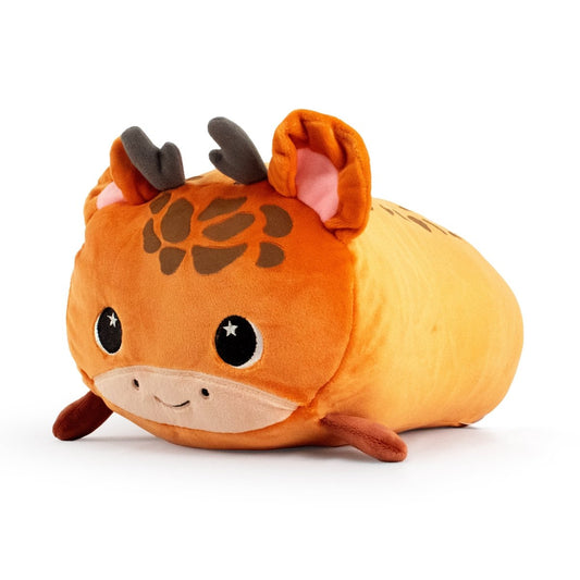 Introducing Jerry the Giraffe Plushie, a cuddly companion with a round body, smiling face, big sparkling eyes, small brown horns, pink ears, and an orange body decorated with giraffe-like brown spots—perfect for endless hugs and smiles.
