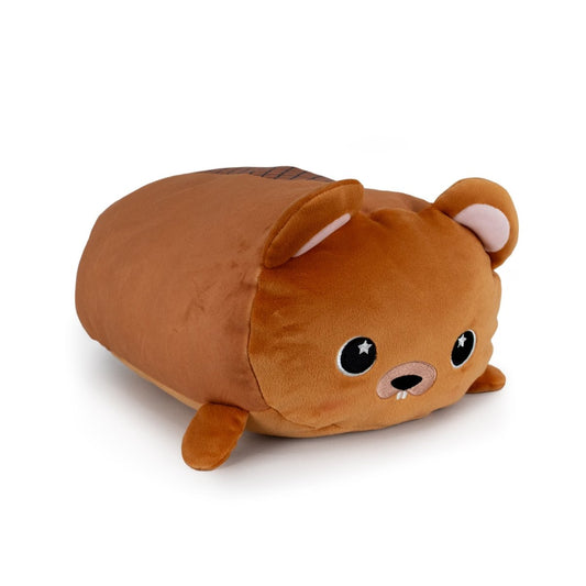 Justice the Beaver is a plush toy shaped like a brown loaf of bread with a cute beaver face, round ears, black eyes with star highlights, and small brown paws.
