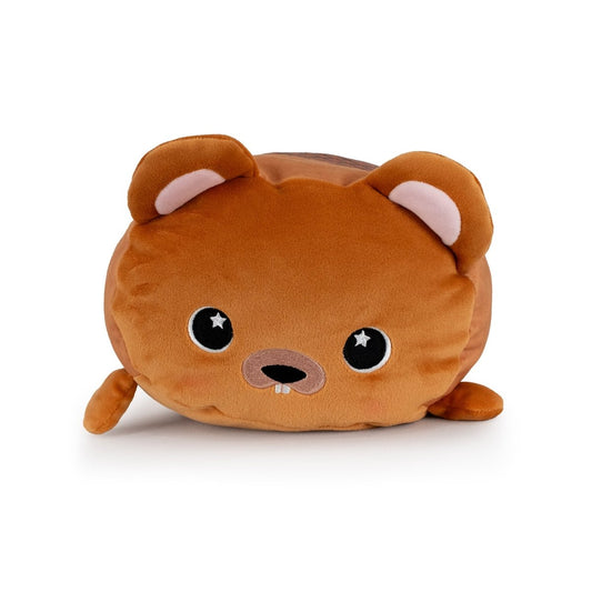 Justice the Beaver is a plush toy shaped like a round, brown beaver with small ears, starry eyes, and a tiny tooth showing, featuring a cute cartoon appearance and displayed on a white background.