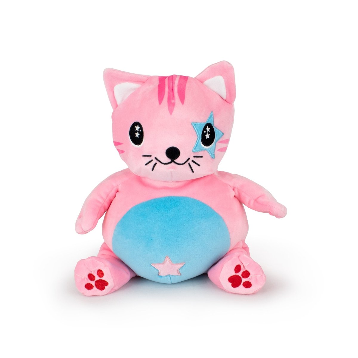 The Starlight Kandy Kat 2-in-1 Travel U-Neck Pillow is a cozy pink plush toy with a round blue belly, stars on its eye and belly, and paw prints on its feet, made from high-quality materials and sits upright on a white background.