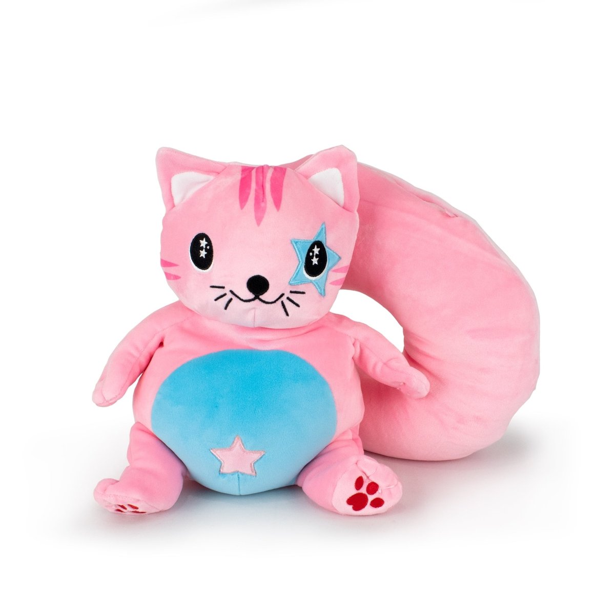 The Starlight Kandy Kat 2-in-1 Travel U-Neck Pillow features a cozy pink plush cat design with a large curled tail, blue star on its face, and red paw prints on its feet, crafted from high-quality materials against a white background.