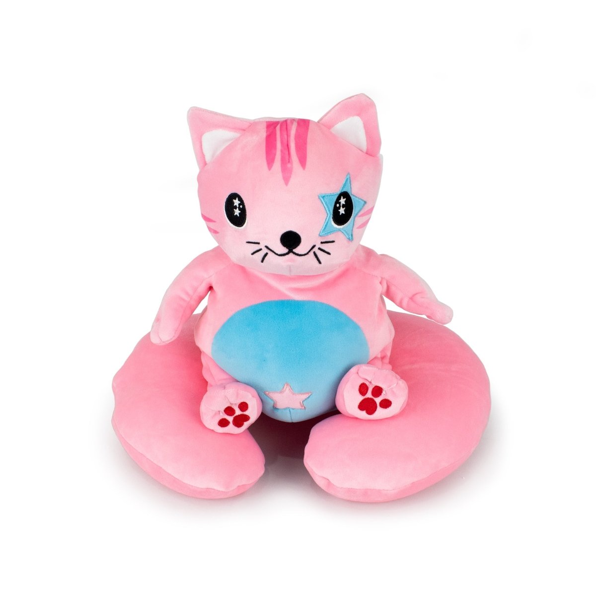 The Starlight Kandy Kat 2-in-1 Travel U-Neck Pillow is a cozy pink plush cat with high-quality materials, a blue belly, blue star around its right eye, pink paws with paw prints, and sits on a matching pink cushion.