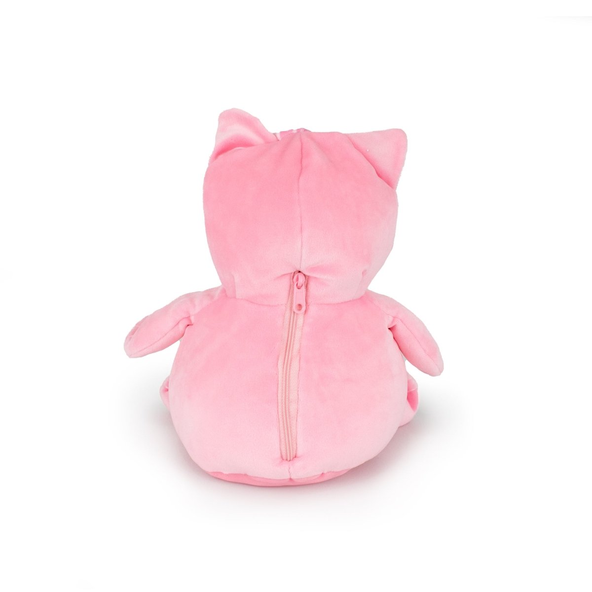 The Starlight Kandy Kat 2-in-1 Travel U-Neck Pillow is a pink plush with cat-like ears, viewed from the back, featuring a center zipper. Crafted from high-quality materials, it sits upright on a white background.