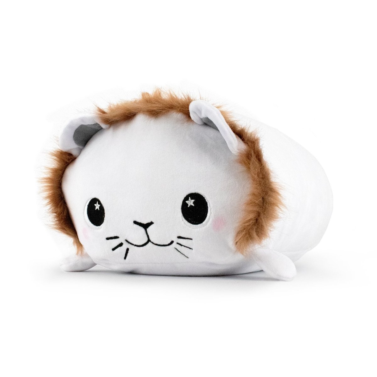 King Leo the Lion Plushie resembles a cute white lion with small ears, a fluffy mane, and big round eyes. Made from ultra-soft materials, it rests on its belly, shows whiskers and a sweet expression—truly one of the cuddly cuties.