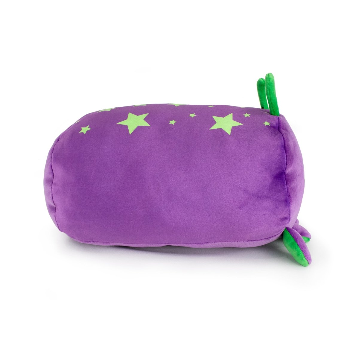Larry the Alien is a soft, cuddly plush pillow with a smooth purple surface, light green star accents, and green leaf details—perfect for fans of cute stuffed plushies.
