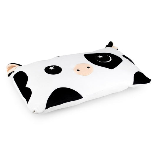 Leche the Cow Sleep Pillow is a rectangular plush pillow designed like a cartoon cow with black and white spots, small beige ears, a round pink nose, and embroidered eyes—perfect for snuggling or decorating any room.