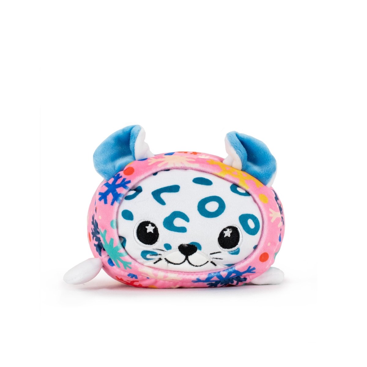 Snowie the Snow Leopard Slumber is a round Christmas plush with blue spots, star-shaped eyes, blue ears, and a pink body decorated with colorful snowflakes—perfect for holiday decor on a white background.