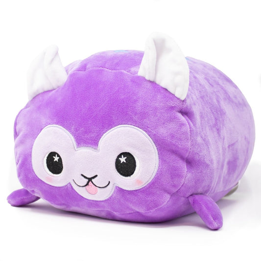 Lizzy the Alpaca Plushie, a purple plushie shaped like a chubby animal with a round face, big eyes, white ears, and a small pink tongue sticking out, features a soft texture and an irresistibly cute appearance.