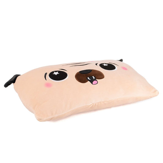 Lola the Pug Sleep Pillow is a rectangular beige pillow with a cute cartoon face, sparkly eyes, blushing cheeks, an open mouth, and floppy black ears—perfect for snuggling or as a charming holiday decoration.
