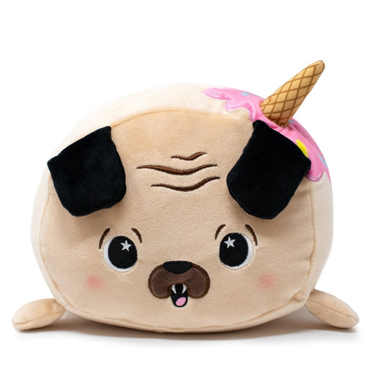 Introducing Lola the Pug Plushie: a cuddly toy featuring a pug shape with pink frosting-like top and an ice cream cone accent. Her large cartoon eyes, floppy black ears, and small mouth give her an irresistibly cute and whimsical charm ideal for soft plushie fans.