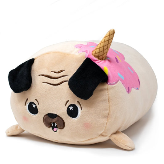 Meet Lola the Pug Plushie, a soft toy with playful eyes and expression, featuring a pink ice cream topping with sprinkles and a waffle cone on its back, resembling an adorable whimsical dessert.