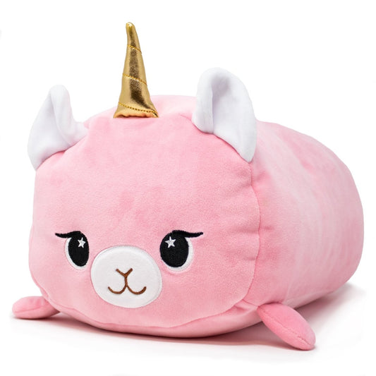Lucy the Pink Llamacorn Plushie is a cuddly, round pink animal featuring a sweet face, small ears, and a golden unicorn horn. It has black eyes with white star details and rests on a white background.