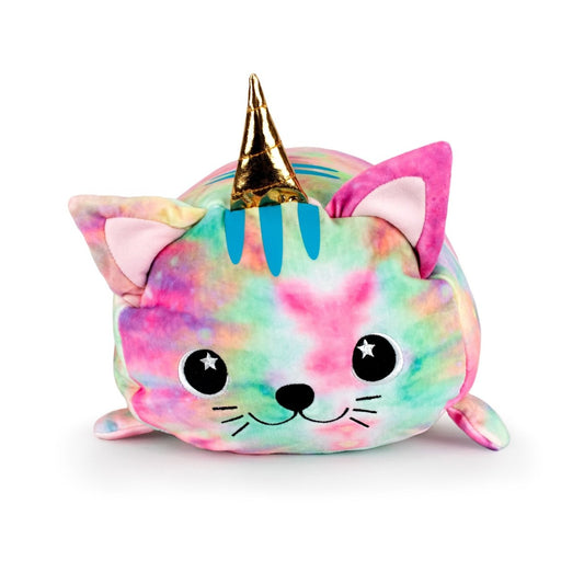 Madoka the Caticorn is a plush toy cat with a shiny gold unicorn horn, tie-dye pastel colors, pink ears, and an embroidered face with starry eyes—made from ultra-soft materials for maximum cuddles.
