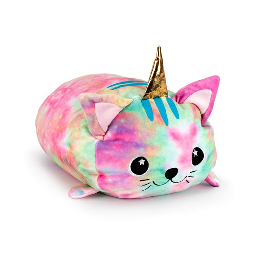 Madoka the Caticorn is a plush toy shaped like a cat with pastel tie-dye colors, a gold unicorn horn, blue stripes, star-shaped eyes, an embroidered face, and made from ultra-soft materials for extra cuddly comfort.