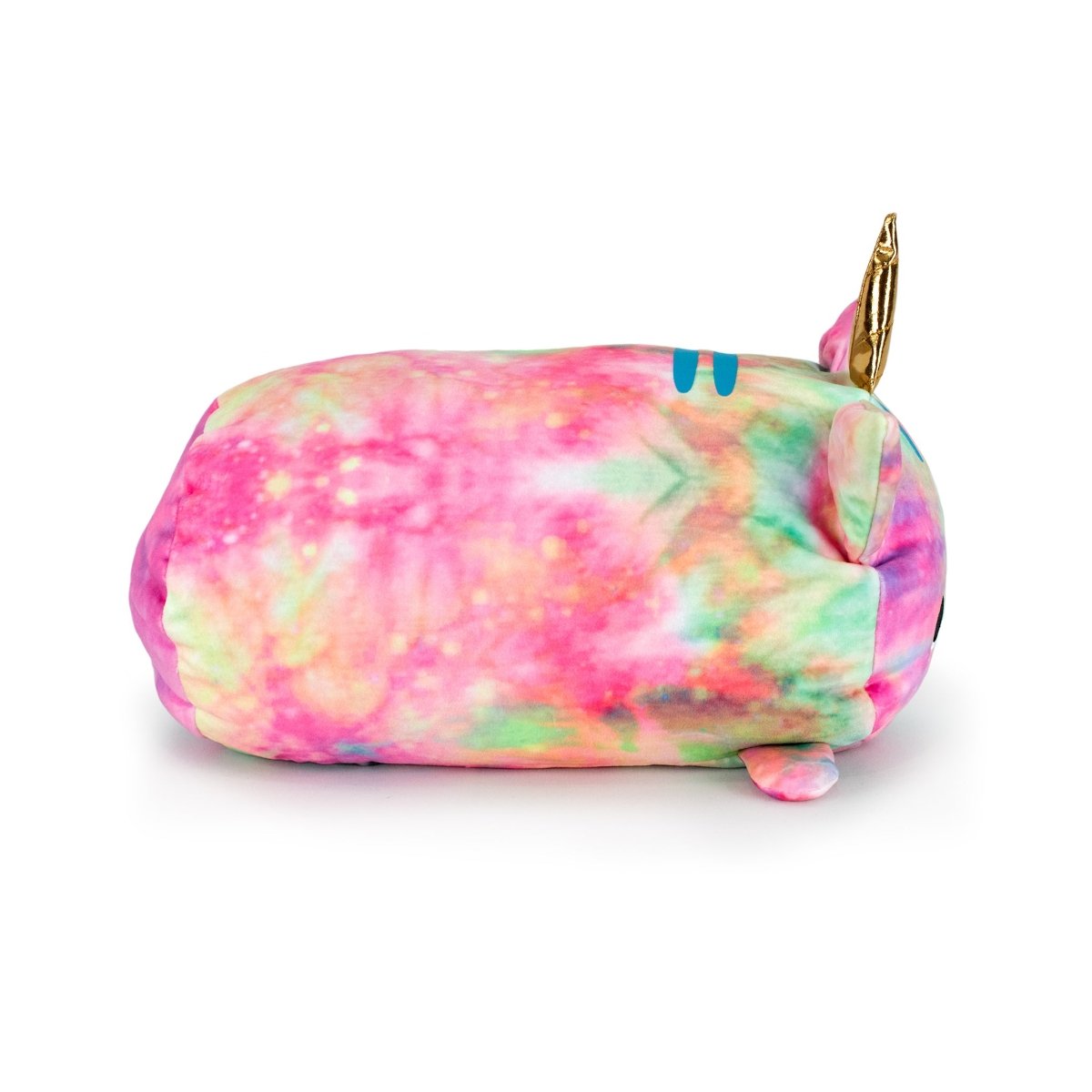 Madoka the Caticorn is a plush cat toy made from ultra-soft fabric in a pink, green, and yellow tie-dye pattern, featuring gold metallic ears and blue embroidered eyes, designed to lie on its side.