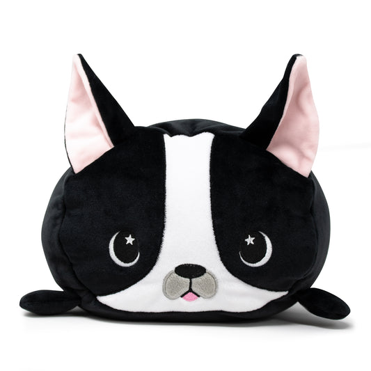 Max the French Bulldog Plushie is a plush pillow shaped like a Boston Terrier's face, with large eyes, pointy ears that have pink inner lining, and a small mouth with a pink tongue.