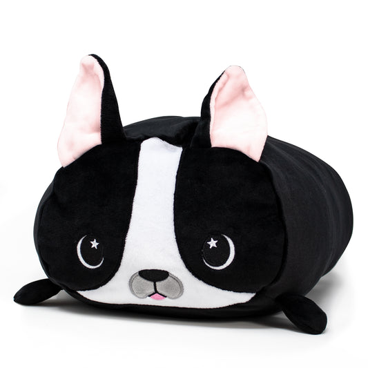 A soft plushie resembling a black and white French Bulldog named Max, with large round eyes and pink-lined ears. The toy has a cute, cartoonish face and is shaped like a cylinder.