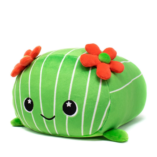 The Maya the Cactus Plushie is a squishy, machine-washable cactus-shaped toy with white stripes, a smiling face with starry eyes, two red-orange flowers on top, and small green arm-like protrusions made from soft plushies fabric.