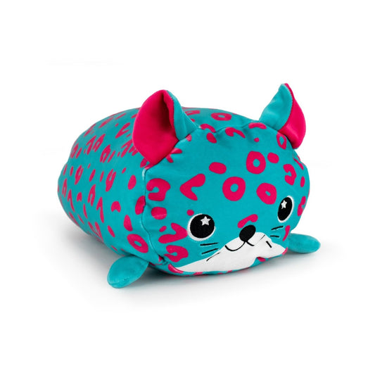 Melina the Leopard is a plush toy with bright teal fabric, pink spots, large pink and teal ears, black eyes, and a white face with a small smiling mouth.