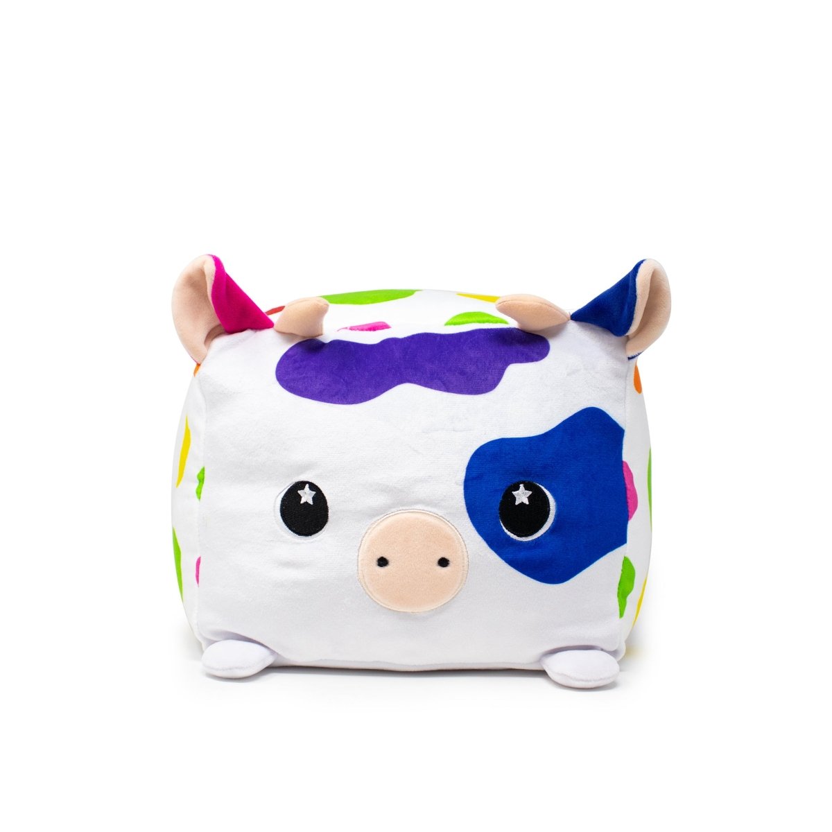 Introducing Milly the Cow Plushie, a Moosh-Moosh SQUARED² toy designed as a square cow with multicolored spots in purple, blue, and green. It features a charming face with round eyes and small ears, set against a plain white background—an ideal cuddly companion!.