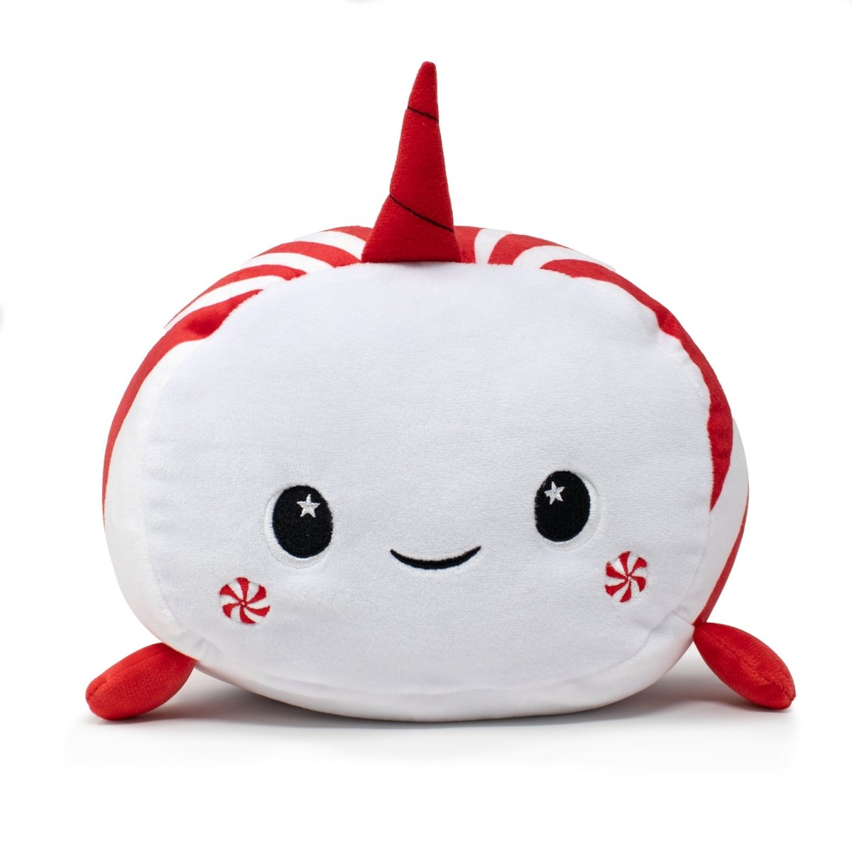 Mintie the Narwhal Mint Plushie is a soft white plush toy with a red striped horn, red flippers, a smiling face, and peppermint designs on its cheeks—perfect for holiday décor or your Christmas plushie collection.