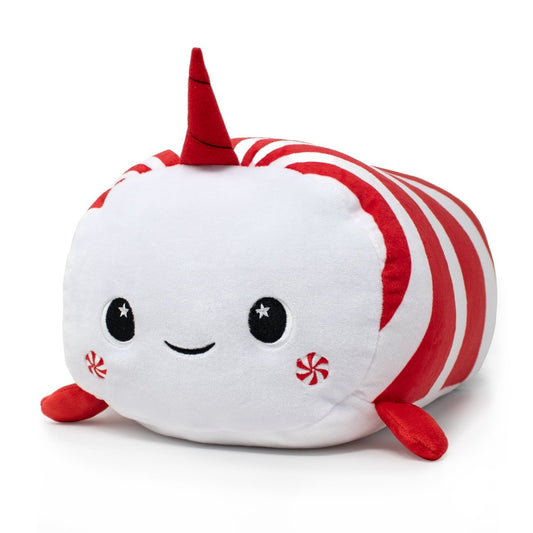 Mintie the Narwhal Mint Plushie features a red and white striped body, red horn, cute fins, smiling face, and peppermint candy cheeks—ideal for Christmas plushies or festive decor. Displayed on a white background.
