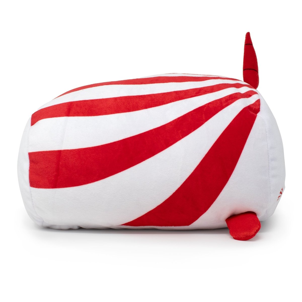 Mintie the Narwhal Mint Plushie is a rounded, rectangular plush toy with red and white peppermint swirls and two small red fins—perfect for Christmas gifts or festive holiday décor.