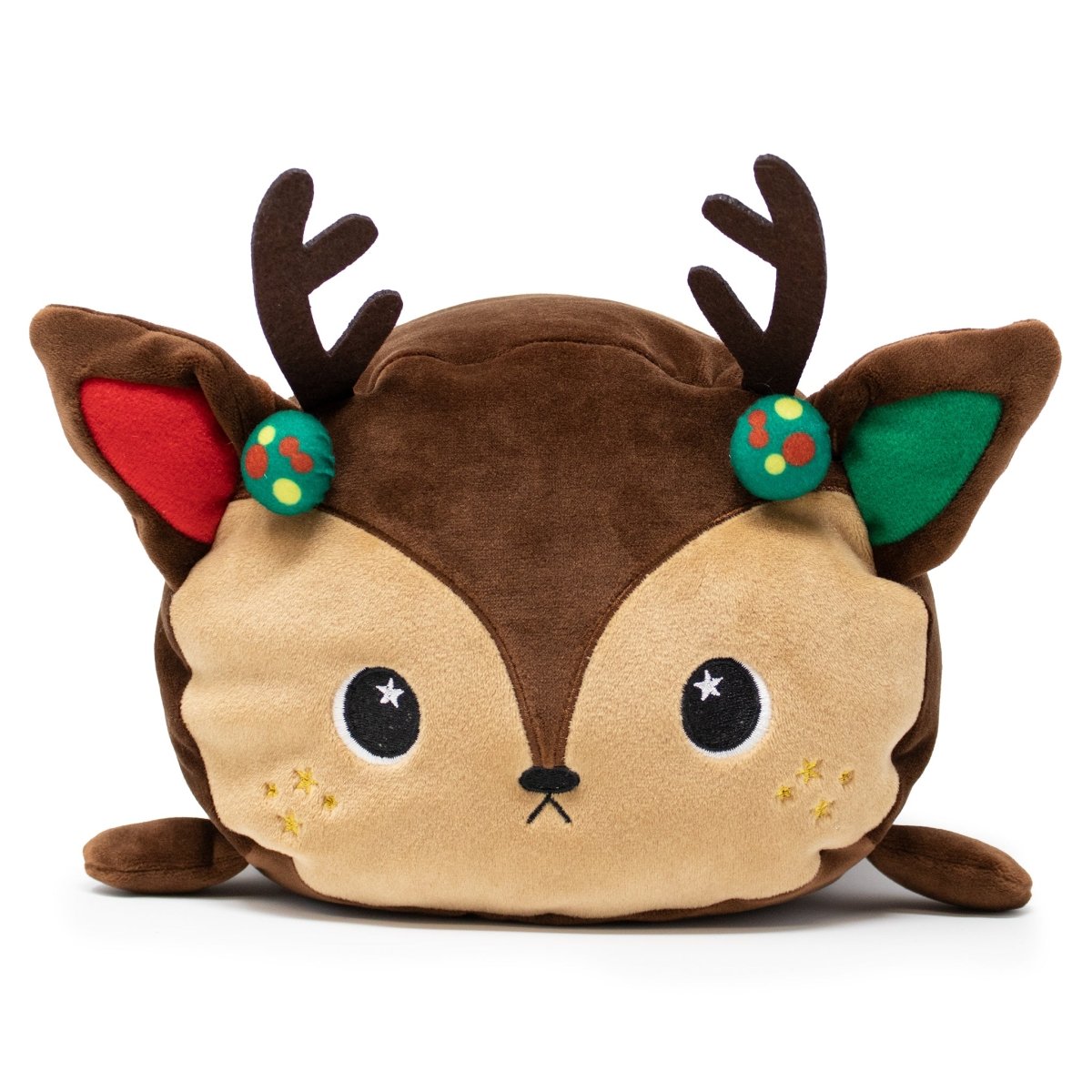 Mitzy the Reindeer Plushie features dark brown antlers, one red ear, one green ear, big starry eyes, and two green ornaments—an adorable addition to the Moosh-Moosh Christmas Plushies collection.