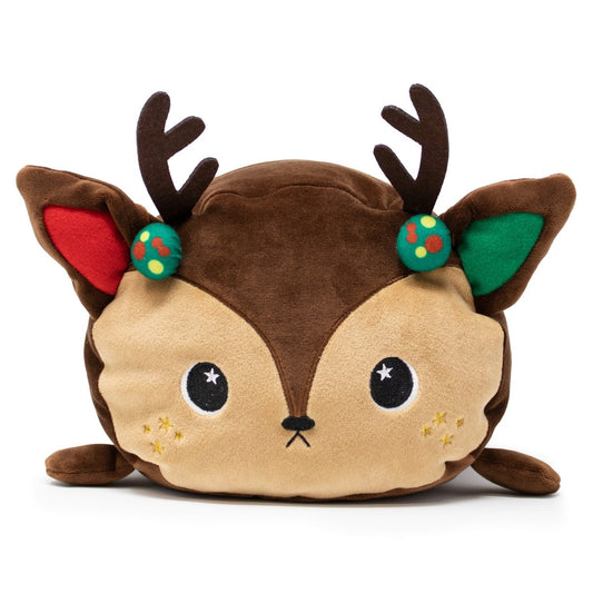 Mitzy the Reindeer Plushie features dark brown antlers, one red ear, one green ear, big starry eyes, and two green ornaments—an adorable addition to the Moosh-Moosh Christmas Plushies collection.