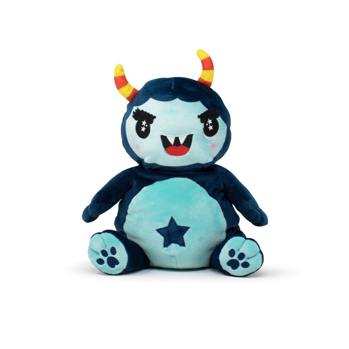 Spike the Monster Plushie Starlight Buddy features blue and light blue fur, a star on its belly, smiling face with rosy cheeks, yellow-and-red striped horns, and sits upright with paw prints on its feet.