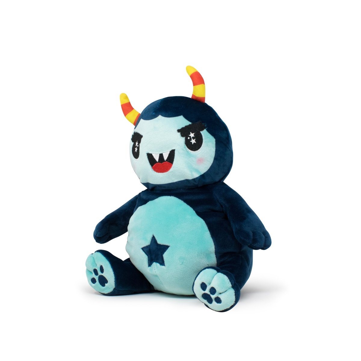 Spike the Monster Plushie Starlight Buddy features blue fur, a light blue belly with a star, striped horns, highlighted black eyes, fangs, and blue paw prints—ideal for fans of the Spooky Series!.