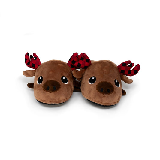 Eduard the Moose Slippers are plush slippers shaped like moose heads with big eyes, brown noses, and red-and-black checkered antlers—perfect for holidays and shown on a white background.