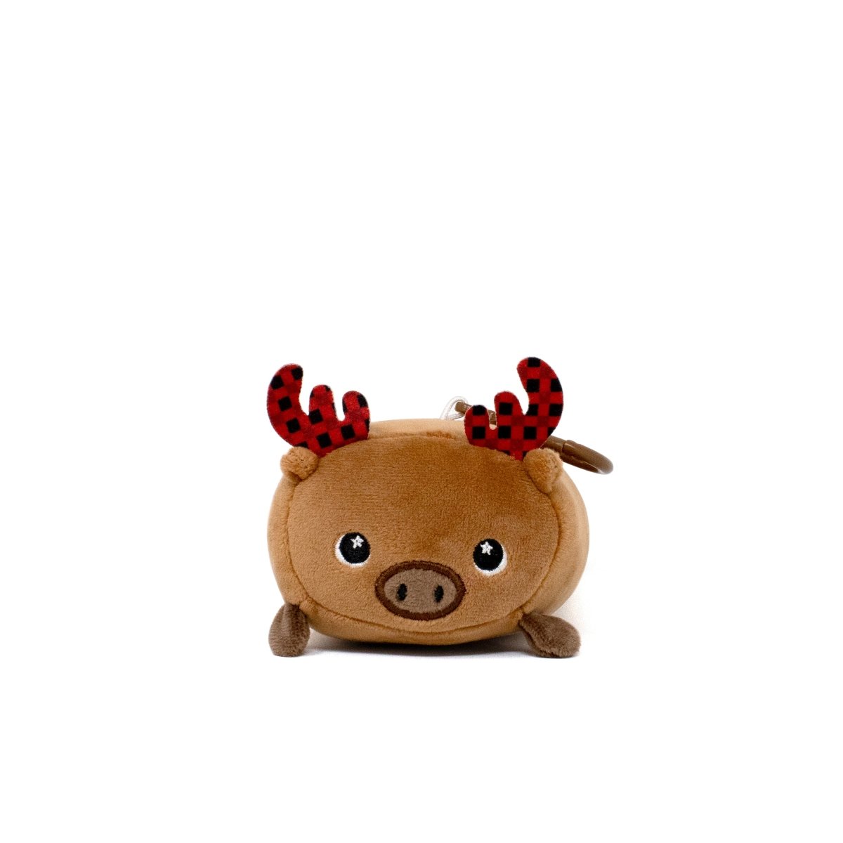 Meet Eduard the Moose Clip-On, a cute plush toy with big eyes and tiny legs. Featuring red and black checkered antlers and a charming smile, this delightful moose is the perfect small companion.