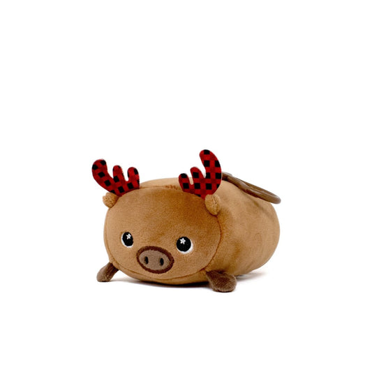 Eduard the Moose Clip-On is a soft, plush toy featuring a brown moose with big eyes, a small snout, red and black plaid antlers, and a tiny tail. Its cute and cuddly appearance is showcased against a plain white background as it lies down.