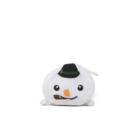 Jack the Snowman Clip-On is a soft plush snowman wearing a black hat and carrot nose, with a small pipe in its mouth, displayed on a plain white background.
